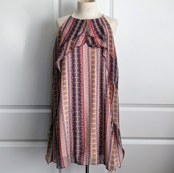 BCBGMaxAzria Dress Halter Neck Sleeveless Sheath Ruffled Navy Coral Pink M NWT - Picture 2 of 14